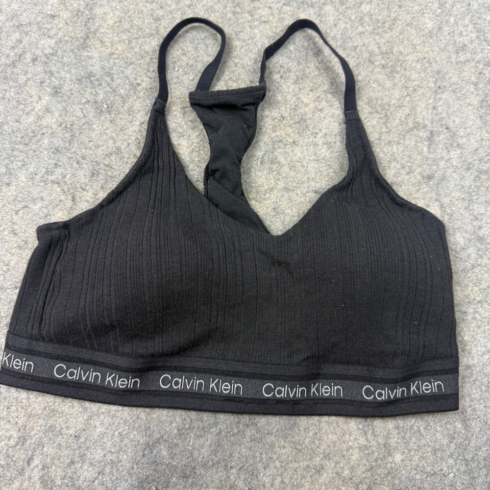 Calvin Klein Womens Black Ribbed Racerback Bralette Logo Band Size Medium